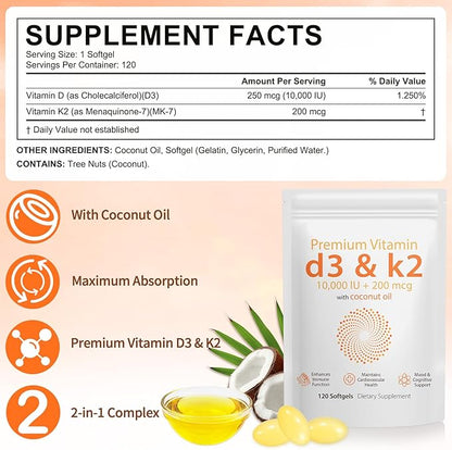 Daiasns Vitamin D3 K2 10000iu Supports Muscle & Brain Health -High-Potency D3 K2 Supplement Helps in Immune and Cardiovascular Support - 120 Softgels