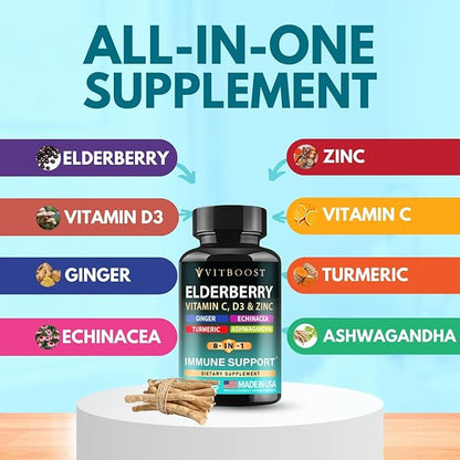 2 Pack Elderberry Immune Support Supplement 8-in-1 Formula with Echinacea, Vitamin C & Zinc, Vitamin D 5000 IU, Turmeric, Ginger, Ashwagandha – 60 Capsules Each