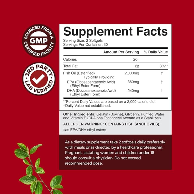 Omega 3 Fish Oil Supplement - EPA DHA Fish Oil Omega 3 Supplement with Immune Booster Brain Vitamins - Burpless 2000 mg per Serving for Mood Boost Liver Support and PMS Relief Support - 60 Count