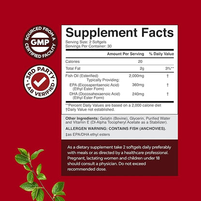Omega 3 Fish Oil Supplement - EPA DHA Fish Oil Omega 3 Supplement with Immune Booster Brain Vitamins - Burpless 2000 mg per Serving for Mood Boost Liver Support and PMS Relief Support - 60 Count