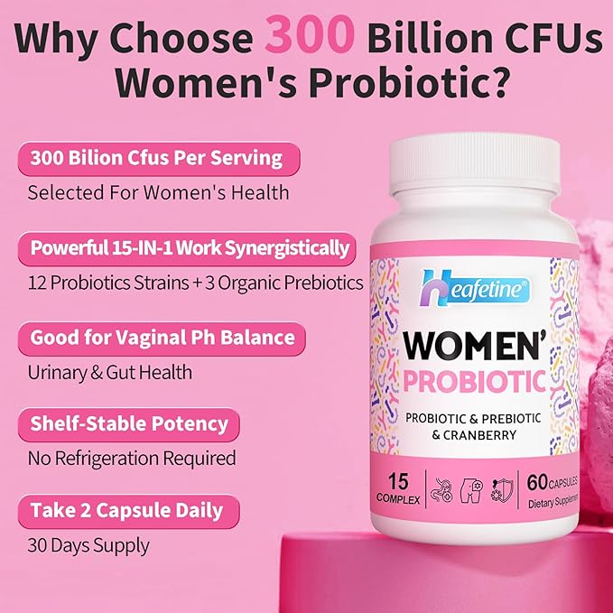 Vaginal Probiotics for Women, 300 Billion CFUs Probiotics for Women, 15-in-1 Womens Probiotic & Prebiotics, for Vaginal, Urinary Tract, PH Balance, Immune, Digestive & Gut, Bloating Health, 60 Caps