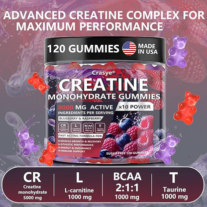 Creatine Gummies Complex 8000mg for Men and Women Creatine Monohydrate Gummy with BCAA Taurine for Muscle Strength and Energy Boost Sugar Free Pre-Workout Supplement - 120 Gummies