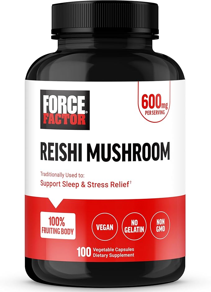 Force Factor Reishi Mushroom Supplement, Stress Relief Supplement and Sleep Support Supplement Made with Reishi Mushroom Extract, Vegan, No Gelatin, Non-GMO, 100 Vegetable Capsules