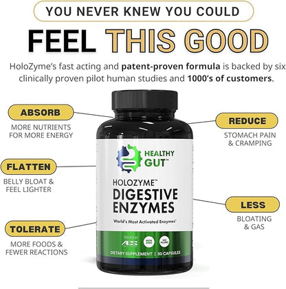 Healthy Gut HoloZyme Max Strength Digestive Enzymes | FODMAP-Friendly Formula Prevents Bloating, Gas, & Indigestion w/Protease, Amylase, Lipase, Lactase, and More | 15 Servings (Sample Bottle)