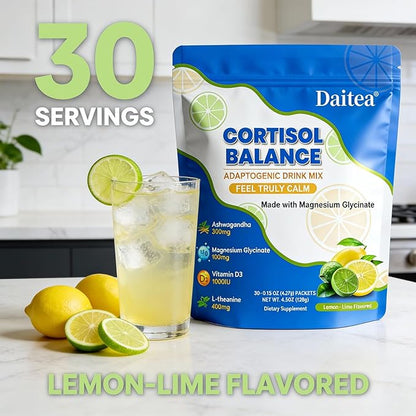 Cortisol Calm Drink Mix with Magnesium Glycinate Powder, L-Theanine, Vitamins, and Ashwagandha for Relaxation & Focus | Adaptogen Drink & Cortisol Support | 30 Packets (Lemon & Lime Flavor)