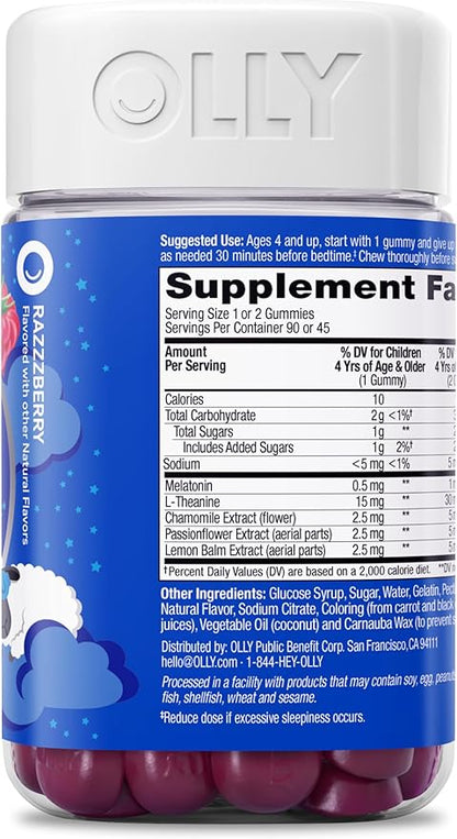 OLLY Kids Sleep Gummy,Occasional Sleep Support,0.5mg Melatonin,L Theanine,Chamomile,and Lemon Balm Extracts,Childrens Chewable Supplement,Raspberry Flavor -,90 Count (Pack of 2)
