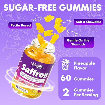 2 Pack Saffron Gummies 88.5mg - Saffron Supplements with Magnesium, Rhodiola Rosea, Ashwagandha, L-Theanine, Vitamins D3 & B6, Zinc - Supports Antioxidant Function, Pineapple Flavor, 120 Count