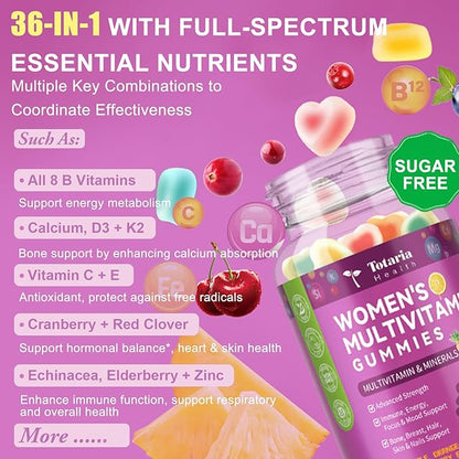 Totaria Sugar Free Womens Multivitamin Gummies with Iron, Women's Multivitamin w/Vitamins C, D3 K2, B12, B6, Filled Gummies for Daily Nutritional Support| Immune Support| Skin Health, Mixed Flavors