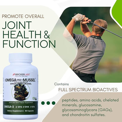 Bricker Labs Omega Cyclo - Mussel Joint Health Supplement, Premium New Zealand Green Lipped Mussel, Full Spectrum Omega Joint Supplements for Joint Health and Comfort, 90 Capsules