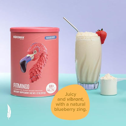 BIRDMAN Fitmingo Vegan Protein Powder with Inositol, Collagen Boosters, Hyaluronic Acid and Vitamins | Low Carb, Dairy Free, Low Calorie | 23g Plant Based Blueberry Protein Powder with Myo-Inositol