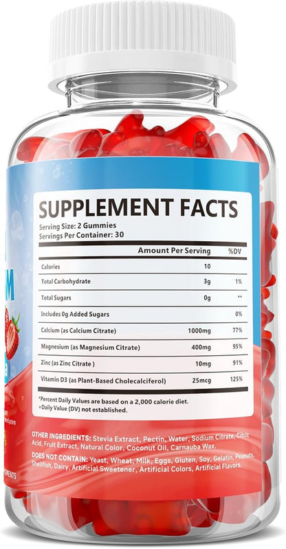Calcium Magnesium Zinc Gummies for Adult, Calcium Citrate with Vitamin D3, High Absorption Calcium Magnesium Supplement for Women & Men, Sugar-Free, Strawberry Flavor, 60 Count