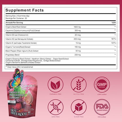 BUTTERFLY'S TEAR Beet Root Gummies, Supports Heart & Blood Vessel Health, Nitric Oxide Booster, 14-in-1 Wellness Formula with Grape Seed, Vitamin D3, K2 & E, Hawthorn, Berberine, Sugar Free (60 Count)