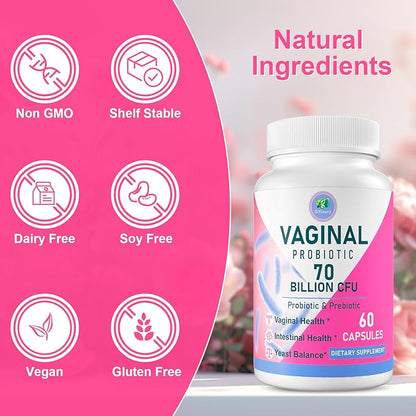 Vaginal Probiotics, PH Balance for Women, 70 Billion CFUs Womens Probiotic for Vaginal health, Urinary, Odor Control, Flor, Ph Balance & Hormone, with Prebiotic & D-Mannose - Shelf Stable, 60 Caps