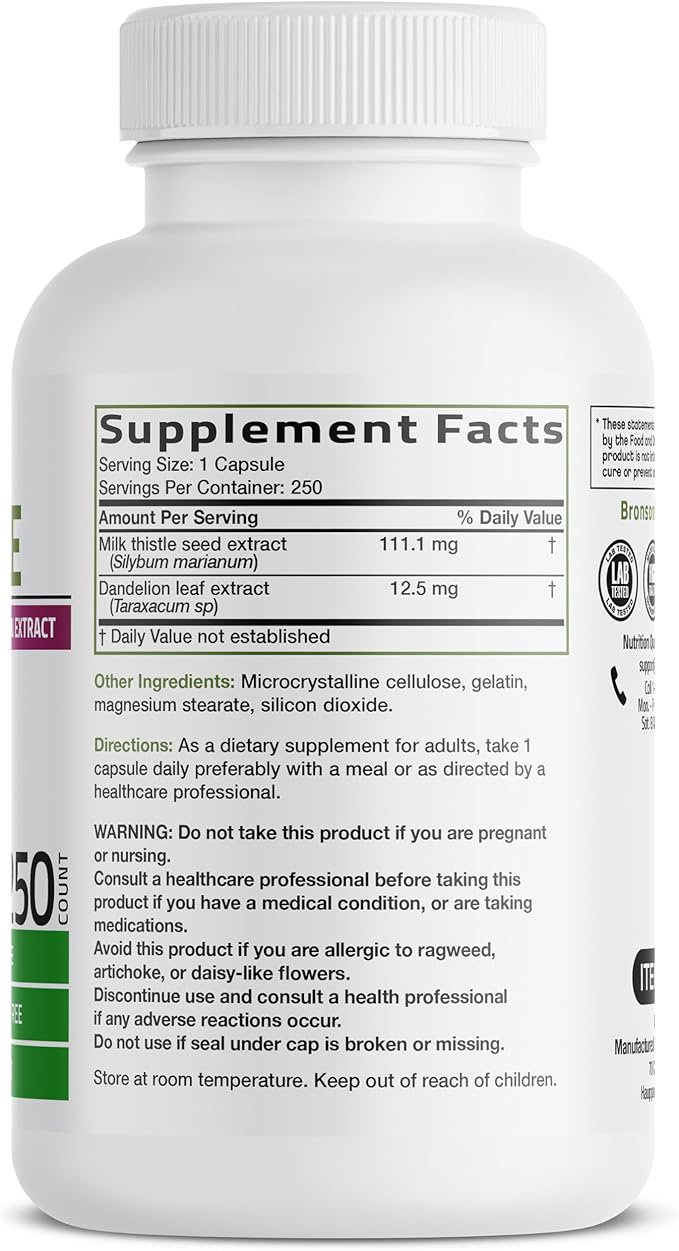 Bronson Milk Thistle Silymarin Marianum & Dandelion Extract Liver Health Support, Antioxidant Support, Detox, 250 Capsules