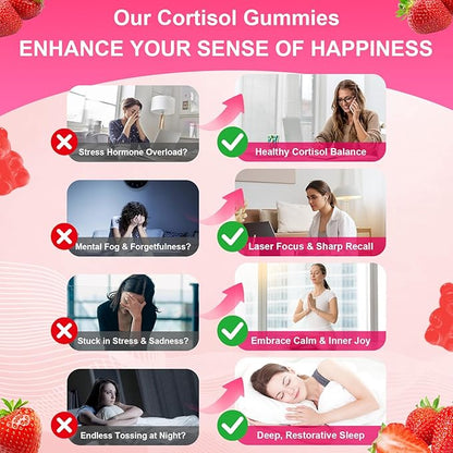 2 Pack Cortisol Supplements for Women & Men, 13 in 1 Cortisol Detox, Cortisol Manager Reducer with Ashwagandha, L-Theanine, Cortisol Balance Gummies-Hormone Balance, Focus, Calm, zzZ,Strawberry Flavor