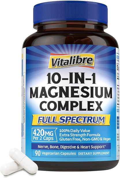 10 in 1 Magnesium Complex, 420mg Elemental Magnesium | Ultra Strength, Max Absorption | Chelated Magnesium Supplement for Nerves, Bone & Heart Health | Non-GMO, 90 Vegan Capsules