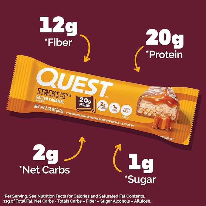 Quest Nutrition Stacks Protein Bars, Salted Caramel Flavor, 20g Protein, 2g Net Carbs, 1g Sugar, High Fiber, Low Sugar, Gluten Free, 12 Count