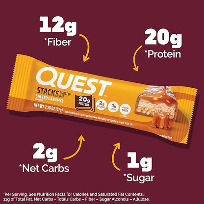 Quest Nutrition Stacks Protein Bars, Salted Caramel Flavor, 20g Protein, 2g Net Carbs, 1g Sugar, High Fiber, Low Sugar, Gluten Free, 12 Count
