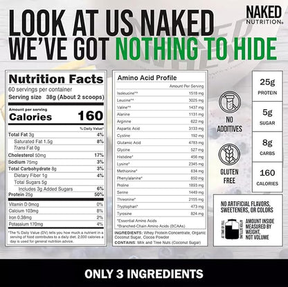 NAKED Whey Protein Supplement Powder, Chocolate, NSF Certified, GMO Free, Soy Free, Gluten Free Aid Muscle Growth and Recovery 60 Servings, 5 Ib