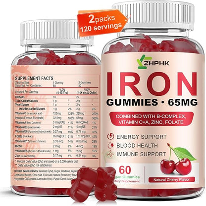 ZHPHK Iron Gummies Supplement for Women, Men & Kids, Iron 65mg with 250mg Vitamin C B6 B12 Folate Healthy Blood, Energy & Immune Support Gentle on Stomach Ferrous Fumarate, 120 Count