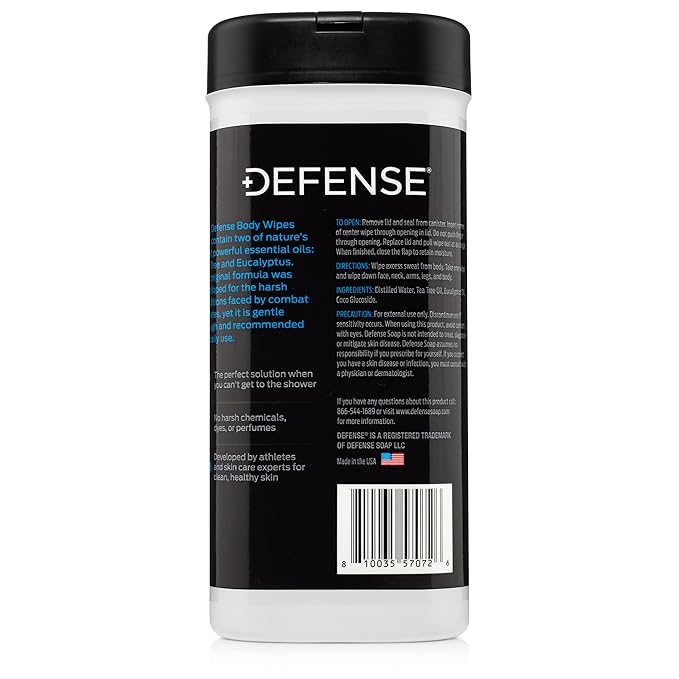 Defense Soap Body Wipes with 100% Natural Tea Tree Oil and Eucalyptus Oil | Post Workout, Sport, Wrestling, Camping, Shower Wipes for Men and Women. 40 Count (Pack of 4)
