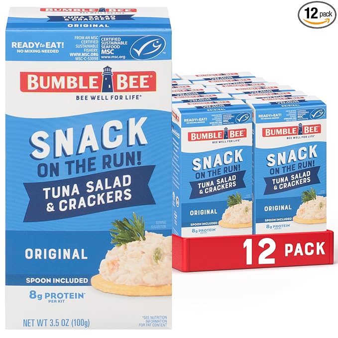 Bumble Bee Snack On The Run! Protein Snack Pack - 8g Protein per Box - Original Tuna Salad with Crackers Kit - Ready to Eat Easy-Open Can - Wild Caught MSC-Certified Tuna (Pack of 12)