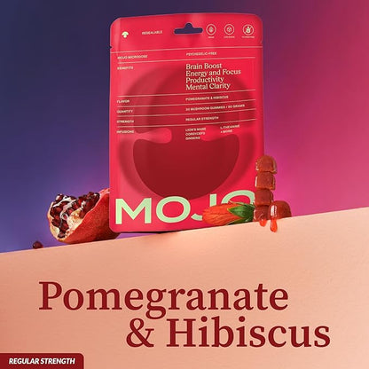 Mojo Focus Gummies w/Lion’s Mane, Panax Ginseng, Ginger Root, Cordyceps, Brain Supplement Memory/Focus Support Adults Nootropic Mushroom Gummies, Pomegranate Hibiscus, Regular Strength (3 Pack)