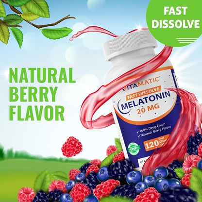 Vitamatic Melatonin 20mg for Sleep Support | Vegetarian, Non-GMO, Gluten Free | HIGH Potency 20 MG | Natural Berry Flavor 120 Fast Dissolve Tablets