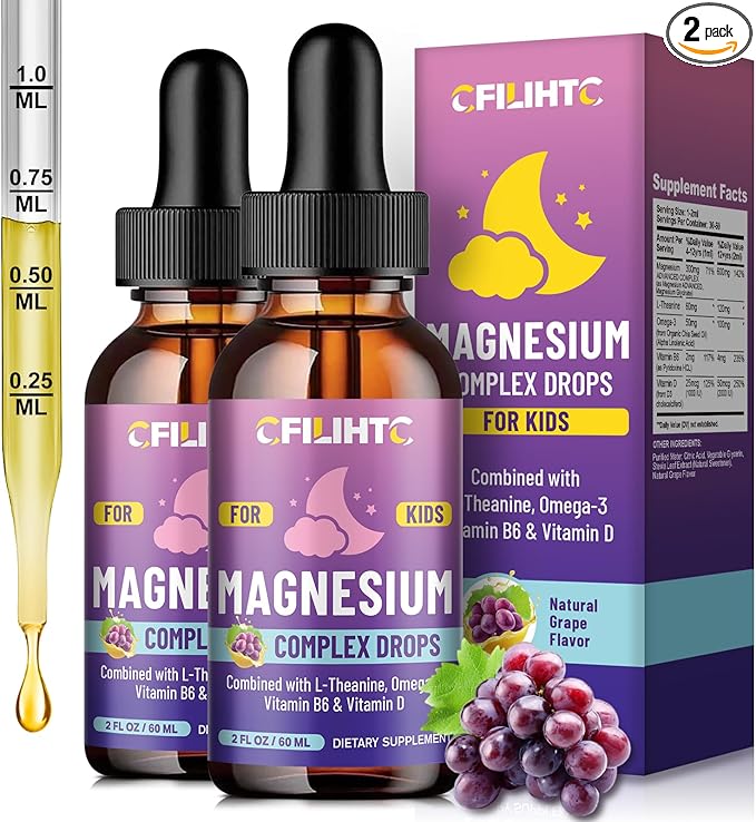 Kids Magnesium Liquid Drops-Magnesium Glycinate Liquid for Kids Supplement-w/L-theanine, Omega-3, Vitamin B6, D3 - for Sleep, Relaxation, Brain, Bones - Grape Flavor, 4 Fl Oz