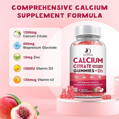 Calcium Citrate 1200mg with Vitamin D3 Gummies, Calcium Gummies with Vitamin D3 for Women & Men, Cal Magnesium Zinc for Bone Muscle Healthy- Natural White Peach Flavor- 30 Day Supply
