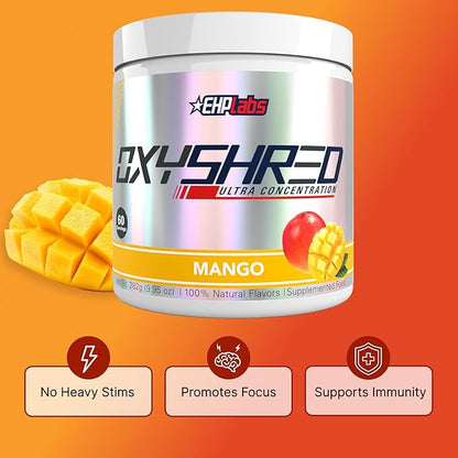 EHP Labs OxyShred Pre Workout Powder - Preworkout Powder with L Glutamine & Acetyl L Carnitine, Energy Boost Drink - Mango, 60 Servings