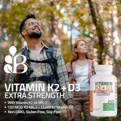 Bronson Vitamin K2 (MK7) with D3 Extra Strength Supplement Bone and Heart Health Non-GMO Formula 10,000 IU Vitamin D3 & 120 mcg Vitamin K2 MK-7 Easy to Swallow Vitamin D & K, 250 Capsules