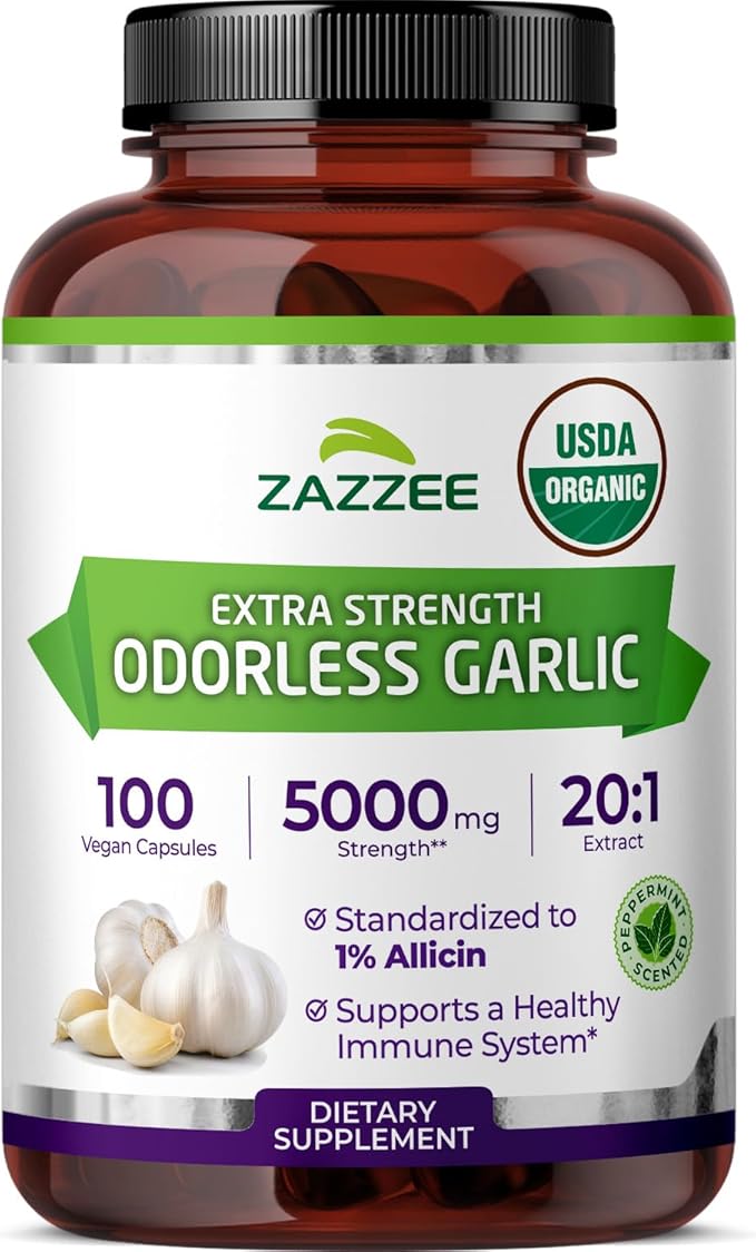Zazzee USDA Organic Odorless Garlic 20:1 Extract, 1% Allicin, 100 Vegan Capsules, 3+ Month Supply, Allium Sativum, Immune, Circulation & Heart Health Support, All-Natural, Non-GMO, Made in the USA