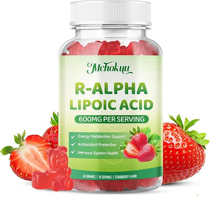 R Alpha Lipoic Acid 600mg Gummies, Stabilized R-Alpha Lipoic Acid, ALA Supplement for Nerve Health, Antioxidant & Metabolism Support- Vegan, Non-GMO, Gluten Free, Strawberry Flavor - 120 Count