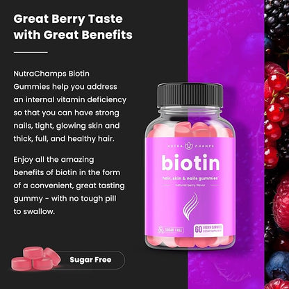 NutraChamps Sugar Free Biotin Gummies 10000mcg [High Potency] - Healthy Hair, Skin & Nails for Women, Men & Kids - 5000mcg in Each Gummy - Vegan Hair Health Vitamins Supplement - Raspberry (2-Pack)