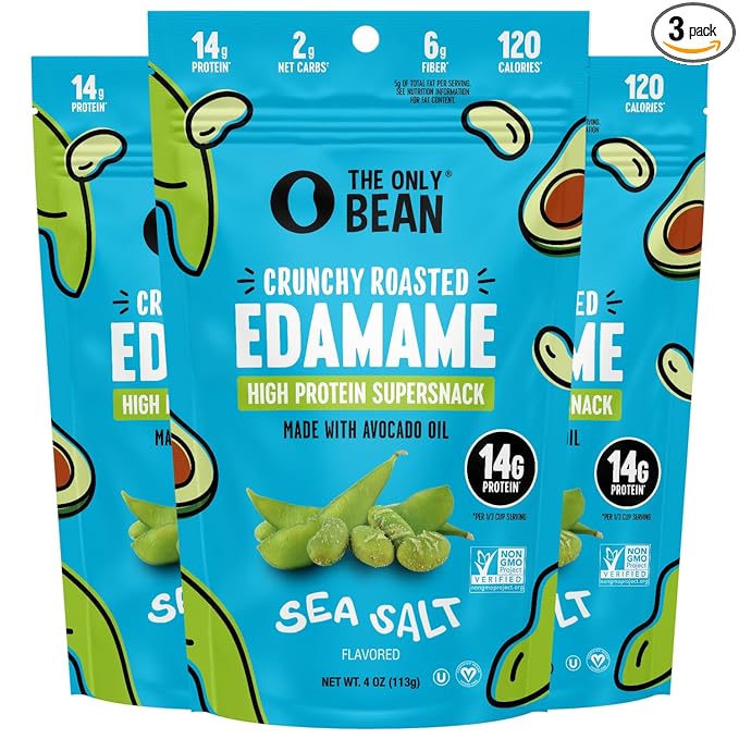 The Only Bean - Crunchy Roasted Edamame Beans (Sea Salt) - Keto Snacks (2g Net) - High Protein Healthy Snacks (14g Protein) - Low Carb, Gluten-Free Snack, Vegan Food - 4 oz (3 Pack)