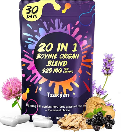 20-In-1 Beef Organ Supplement for Women, 925MG Grass Fed Beef Liver, Uterus, Ovary & 3 more with Maca, DIM, Black Cohosh, Vitamin & Mineral, Bovine organ Capsules for Hormone Balance, Energy, 30 Days