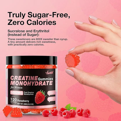 Creatine for Women 5000 MG, Creatine Gummies, Creatine Monohydrate Supplement for Muscle Growth, Strength & Energy Support, Sugar Free Pre Workout Gummies 120 Count Raspberry Flavor