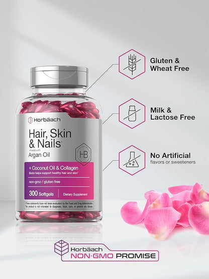 Horbäach Hair Skin and Nails Vitamins | 300 Softgels | with Biotin and Collagen | Infused with Argan Oil and Coconut Oil | Non-GMO, Gluten Free Supplement