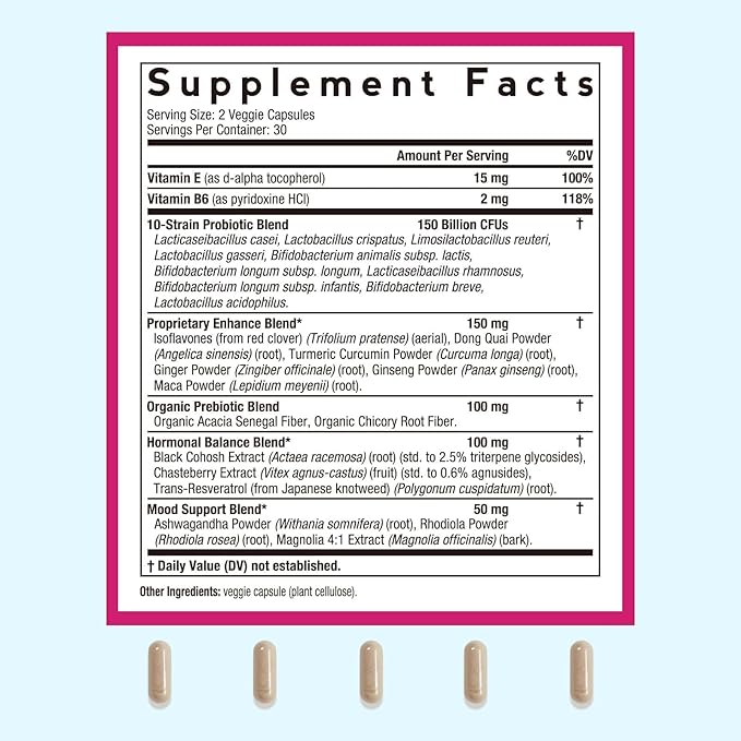 Doctor's Recipes Menopause Probiotic Supplements for Women, Black Cohosh for Menopause Hot Flashes, Probiotics with Ashwagandha, Dong Quai, Supports Energy, 60 Capsules