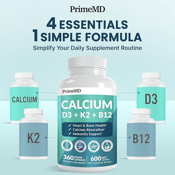 4-in-1 Calcium Supplements for Women and Men - Calcium with Vitamin D3 K2 5000 IU Supplement, 601mg per Serving for Heart, Bones & Body Defenses - Gluten-Free, Vegan-Friendly (360 ct) (Pack of 1)
