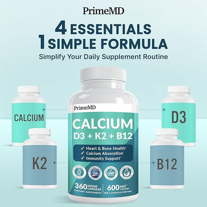 4-in-1 Calcium Supplements for Women and Men - Calcium with Vitamin D3 K2 5000 IU Supplement, 601mg per Serving for Heart, Bones & Body Defenses - Gluten-Free, Vegan-Friendly (360 ct) (Pack of 1)