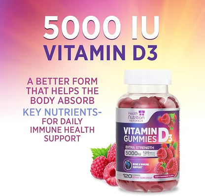 Vitamin D3 Gummies 125 mcg (5000 IU) Per Serving - 3X Strength Immune Support & Bone Support, Vitamin D Gummy Dietary Supplement, Nature's Berry D Vitamin Supplement, Raspberry Flavored - 120 Gummies