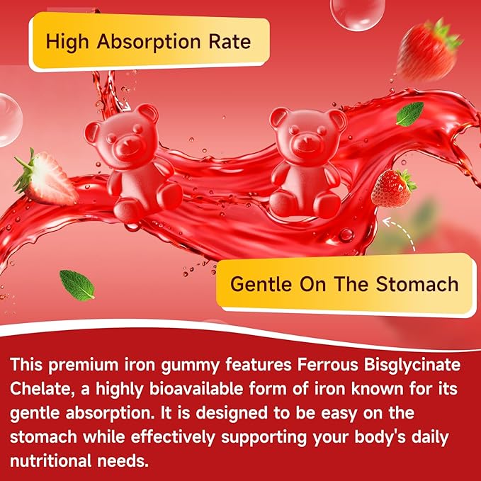 Vegan Iron Gummies for Women & Men, Iron Supplement with B-Complex, Vitamin C, A, Folate for Adults & Kids - Blood Builder & Energy Support & Immune Health - Strawberry Flavor, 60 Gummies