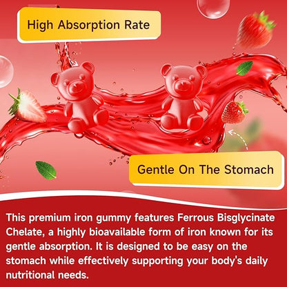 Vegan Iron Gummies for Women & Men, Iron Supplement with B-Complex, Vitamin C, A, Folate for Adults & Kids - Blood Builder & Energy Support & Immune Health - Strawberry Flavor, 60 Gummies