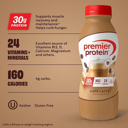 Premier Protein Shake, Café Latte with Caffeine for Energy – 30g Protein, No Added Sugar, 24 Vitamins & Minerals to Support Immune Health, 11.5 fl oz, 6 Pack (Packaging May Vary)