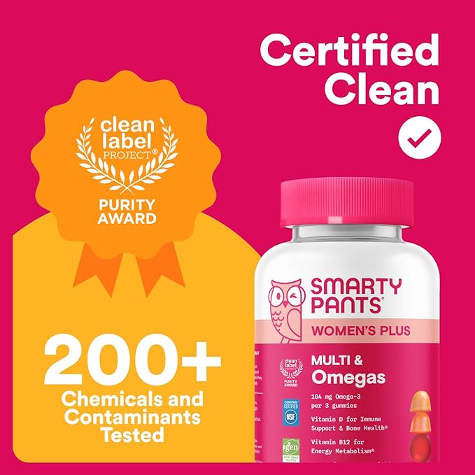 SmartyPants Women's Multivitamin Gummies, Omega 3 (DHA/EPA), Methylfolate, CoQ10, Vitamin D3, C, Vitamin B12, B6, A, K & Zinc, Inositol, Gluten Free, 120 Count (40 Day Supply)