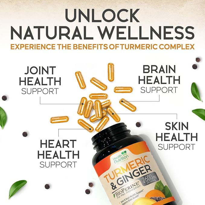 Turmeric Curcumin Supplement - 2200mg Curcumin Complex & 400mg Organic Ginger per Serving - 95% Curcuminoids & BioPerine Black Pepper for Best Absorption & Joint Support, Bottled in USA - 180 Capsules