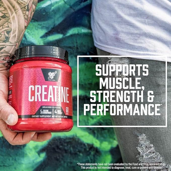 BSN Micronized Creatine Monohydrate Powder, Unflavored Creatine Powder, Micronized, Supports Muscle Building, Supports Muscle Strength, Gym Supplement, 5g per Serving, 5000mg per Servings, 60 Servings