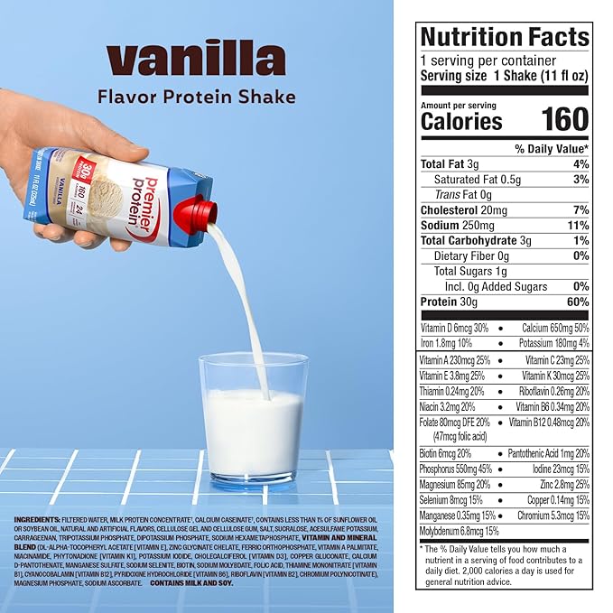 Premier Protein Shake, Vanilla, 30g Protein, No Added Sugar, 24 Vitamins & Minerals to Support Immune Health, 11 fl oz, 4 Pack